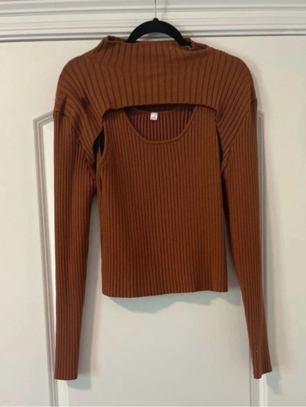 Amazon Ribbed Cutout Long Sleeve Top in Brown